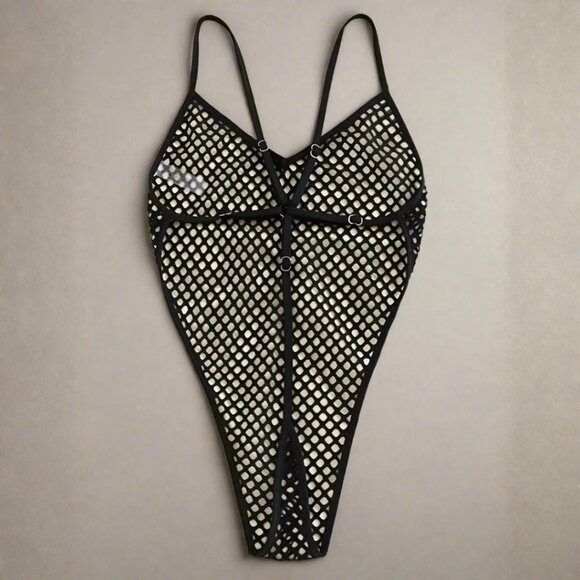NWT Sexy Sheer Mesh Black Extreme Micro G-String Thong One Piece Swimsuit - Picture 2 of 2